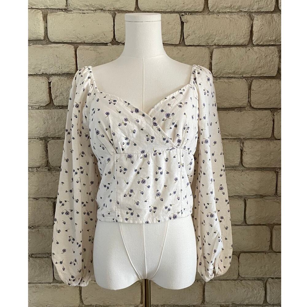 American Eagle Floral Crop Peasant Style Blouse Cotton/Linen Blouse Size M